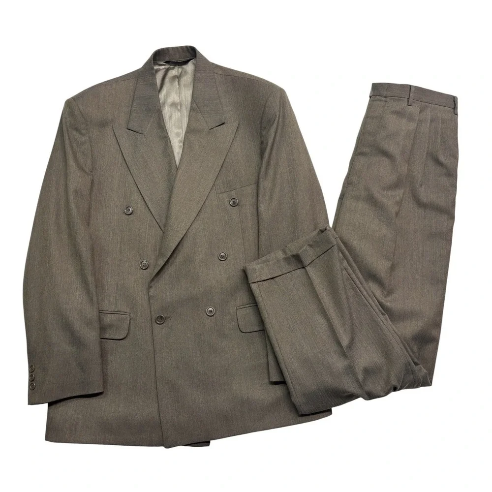 vtg 90s Fiorvanti 42L 36x32 Taupe Herringbone Double Breasted 2pc Pant Suit USA